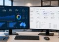 Side by side comparison of Microsoft Fabric data platform and Power BI reporting dashboard on screens in a modern office
