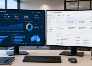 Side by side comparison of Microsoft Fabric data platform and Power BI reporting dashboard on screens in a modern office