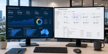 Side by side comparison of Microsoft Fabric data platform and Power BI reporting dashboard on screens in a modern office