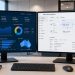 Side by side comparison of Microsoft Fabric data platform and Power BI reporting dashboard on screens in a modern office